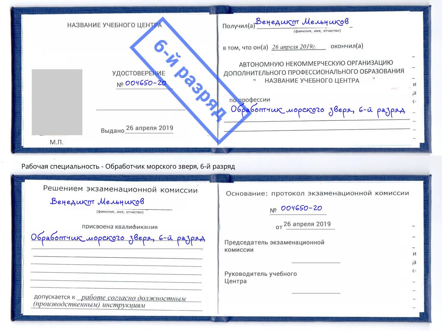 корочка 6-й разряд Обработчик морского зверя Амурск