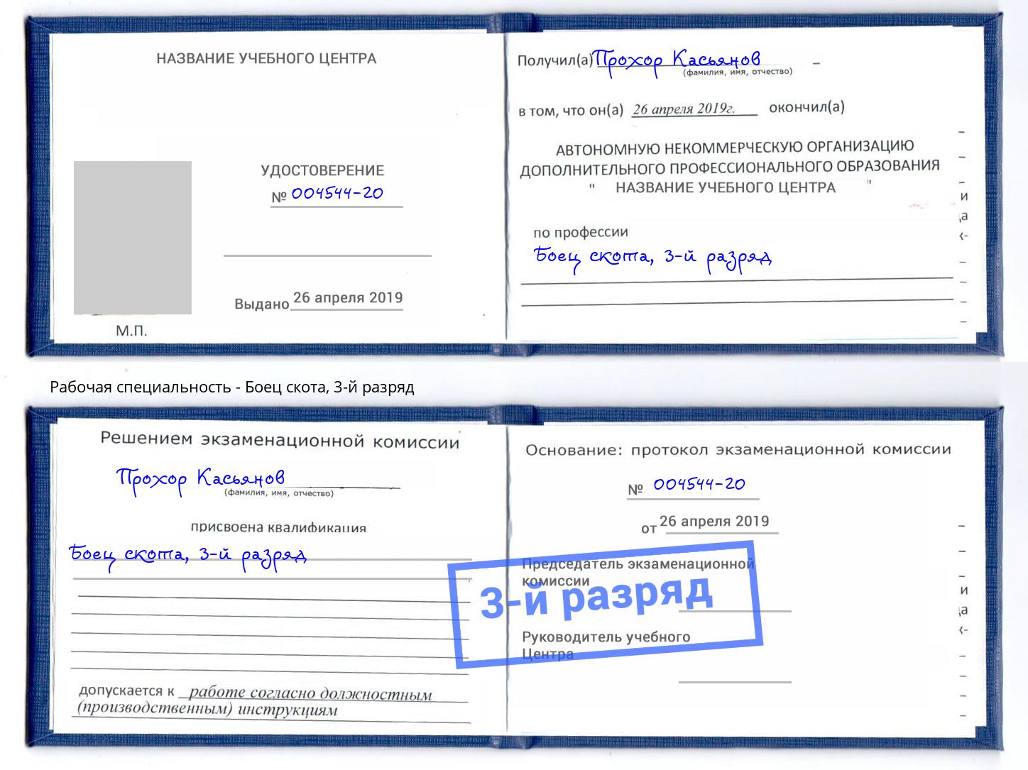 корочка 3-й разряд Боец скота Амурск