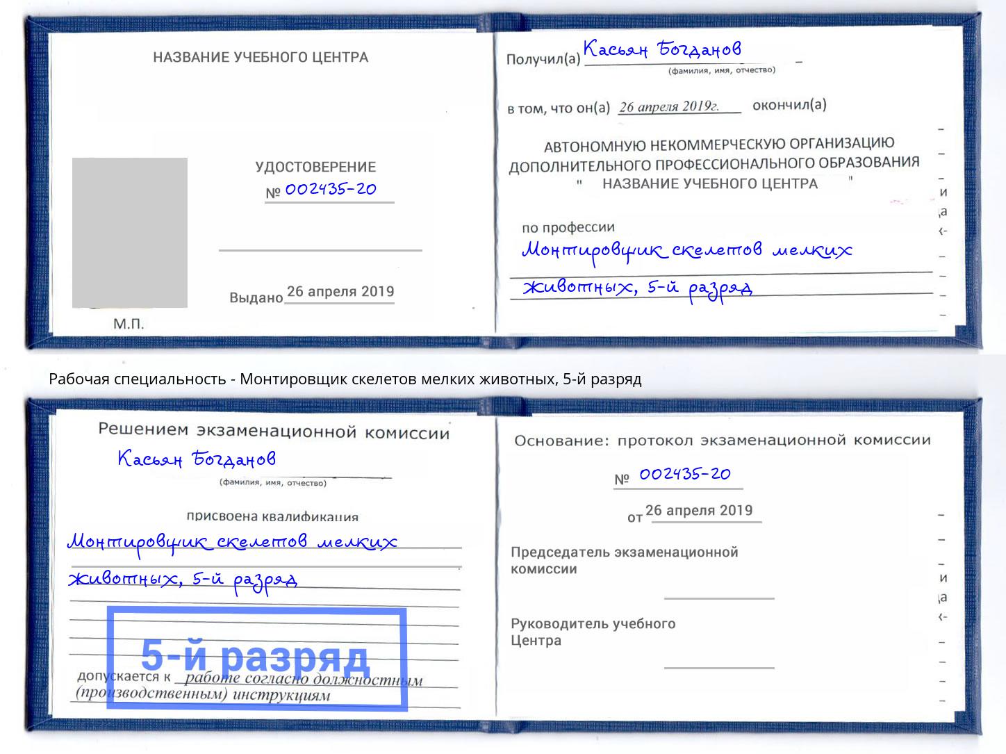 корочка 5-й разряд Монтировщик скелетов мелких животных Амурск