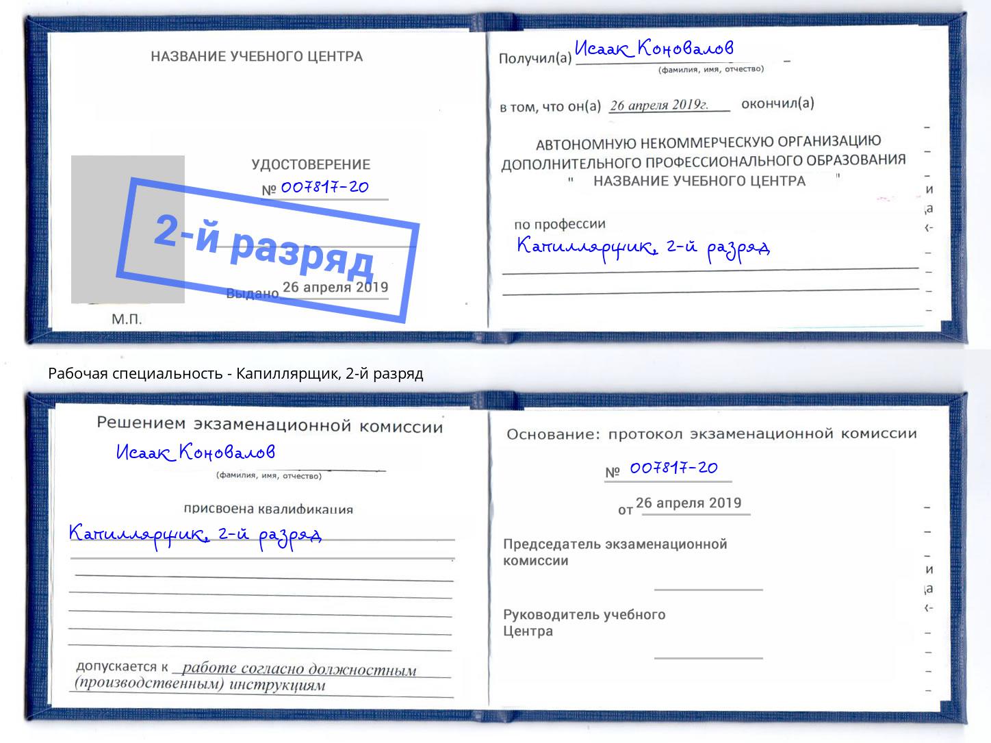 корочка 2-й разряд Капиллярщик Амурск