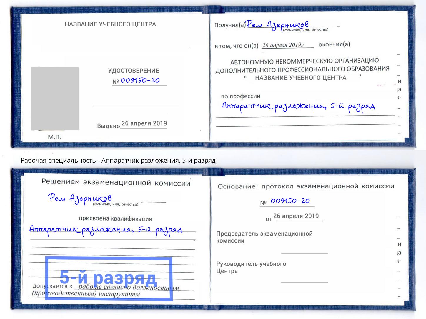 корочка 5-й разряд Аппаратчик разложения Амурск