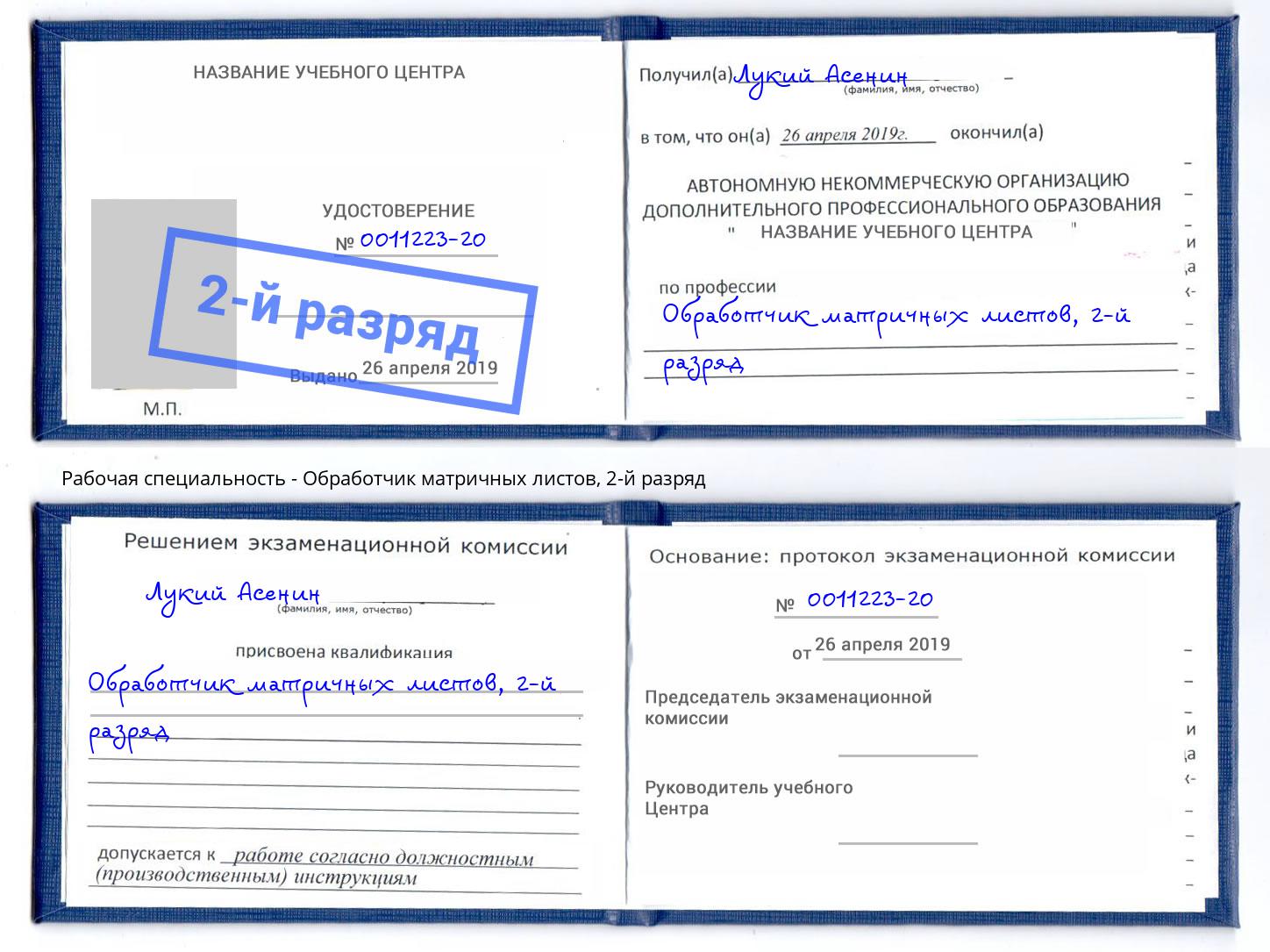 корочка 2-й разряд Обработчик матричных листов Амурск