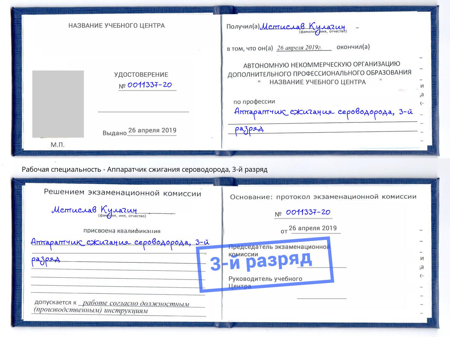корочка 3-й разряд Аппаратчик сжигания сероводорода Амурск