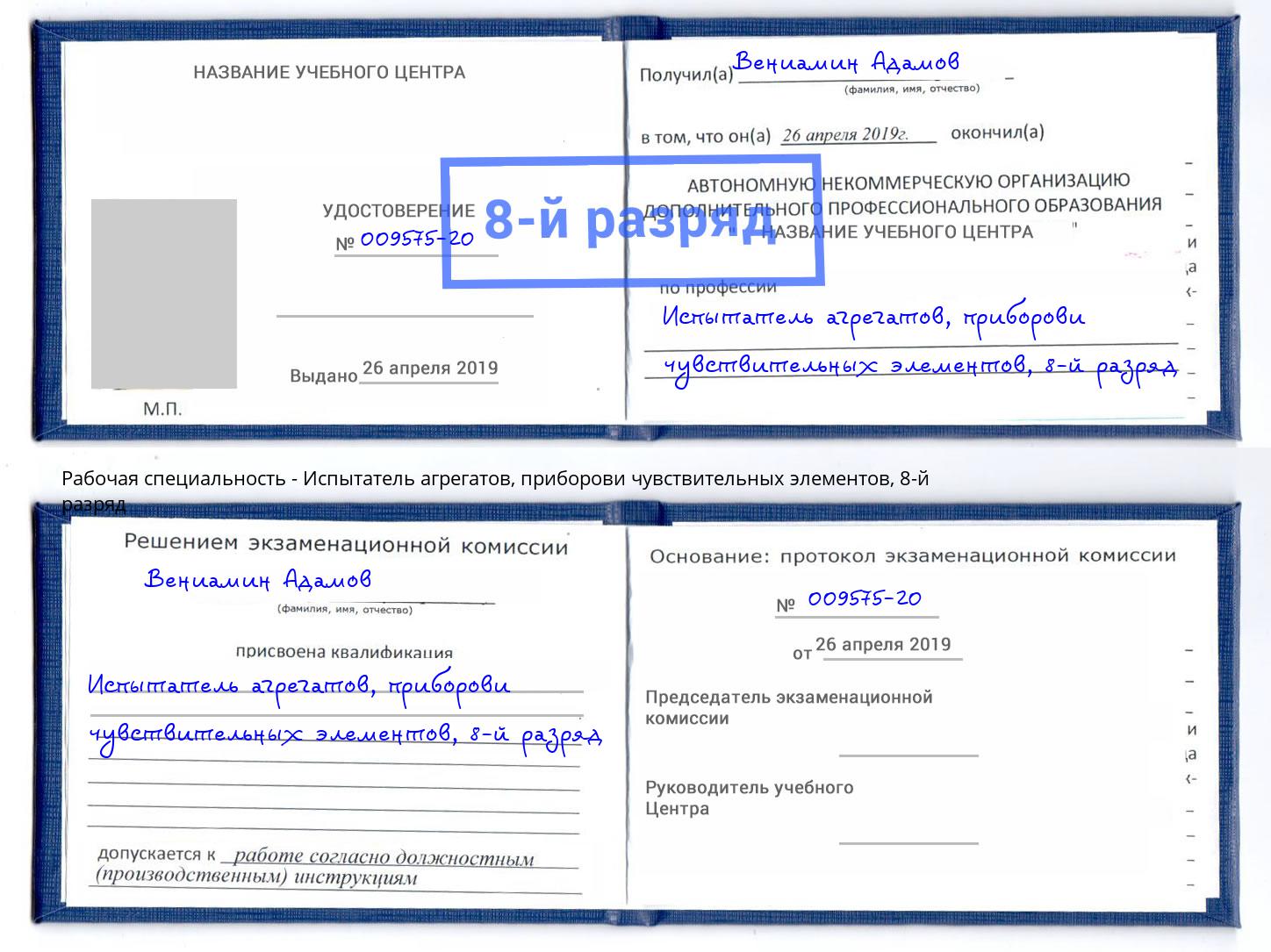 корочка 8-й разряд Испытатель агрегатов, приборови чувствительных элементов Амурск